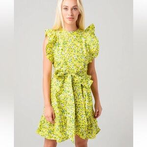 BANJANAN Audrey Mini Dress Spring Aurora Floral Print Yellow Green Size M